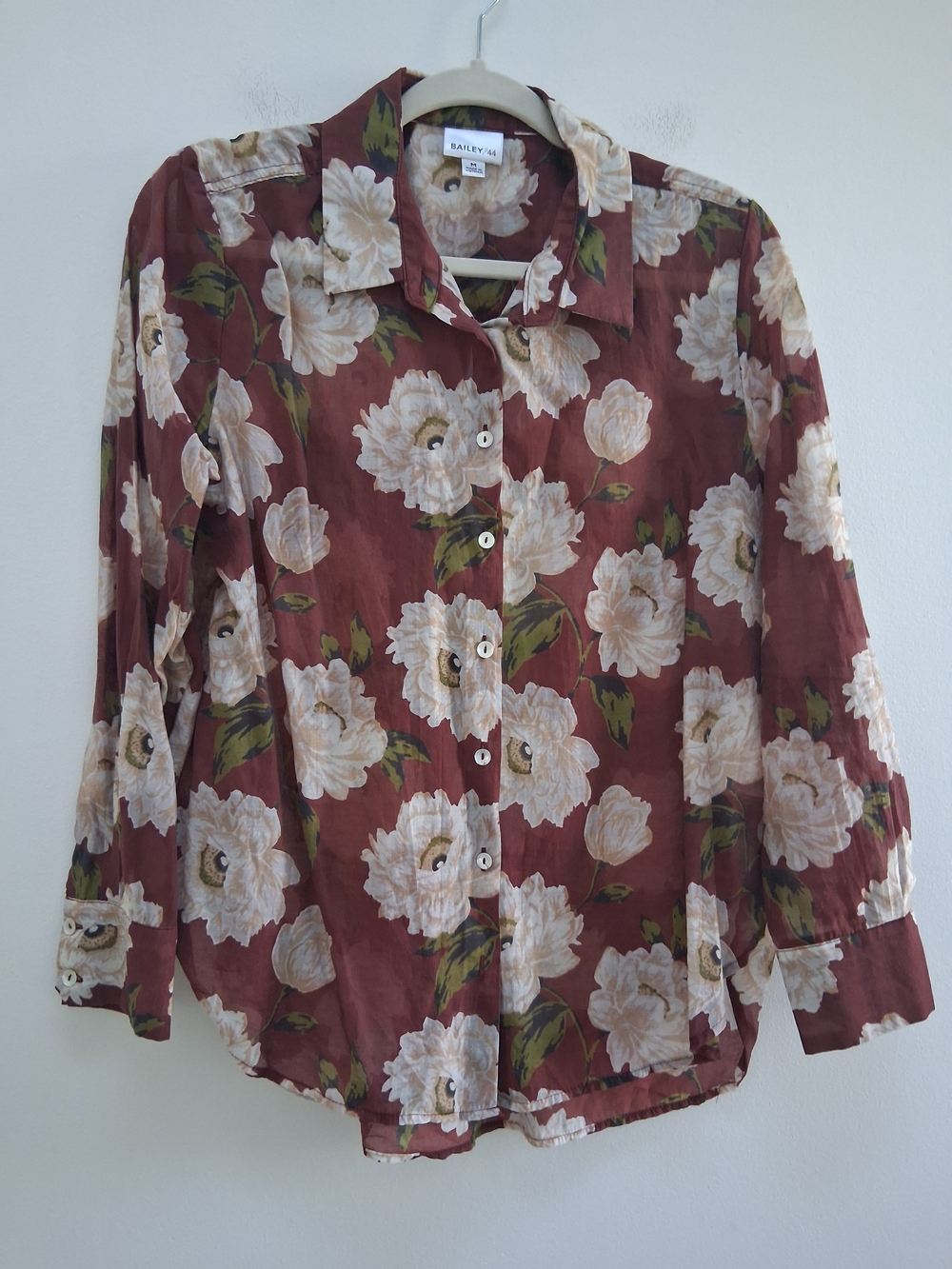 Bailey 44 Floral Button-Down Shirt Blouse Rust/Burgandy And Cream Peony Medium